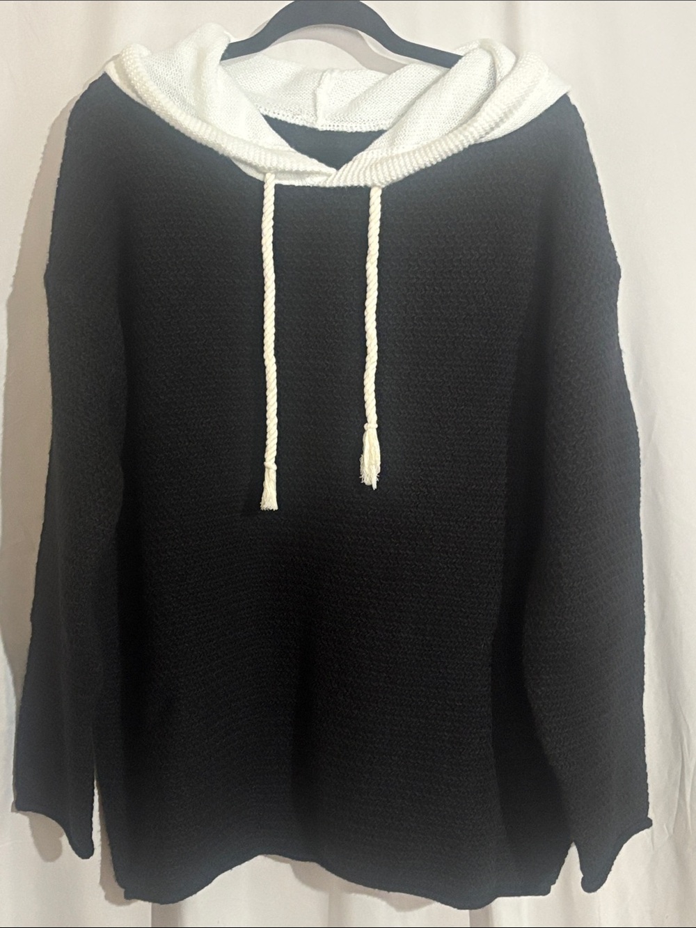Women's Black Knit Hoodie Sweater with White Hood